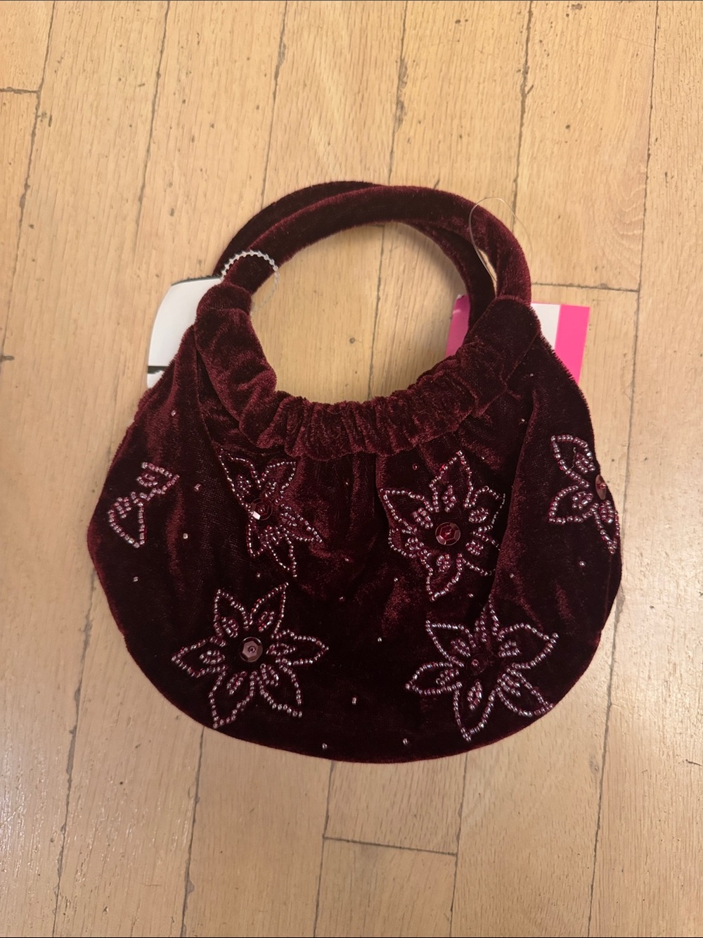 Minicci Burgundy Velvet Floral Hand Beaded Mini Bag
